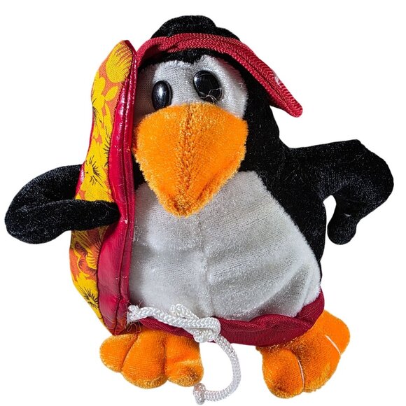 Penguin Plush Kellytoy Red Trunks Surfboard beach anthropomorphic stuffed animal - Picture 4 of 6